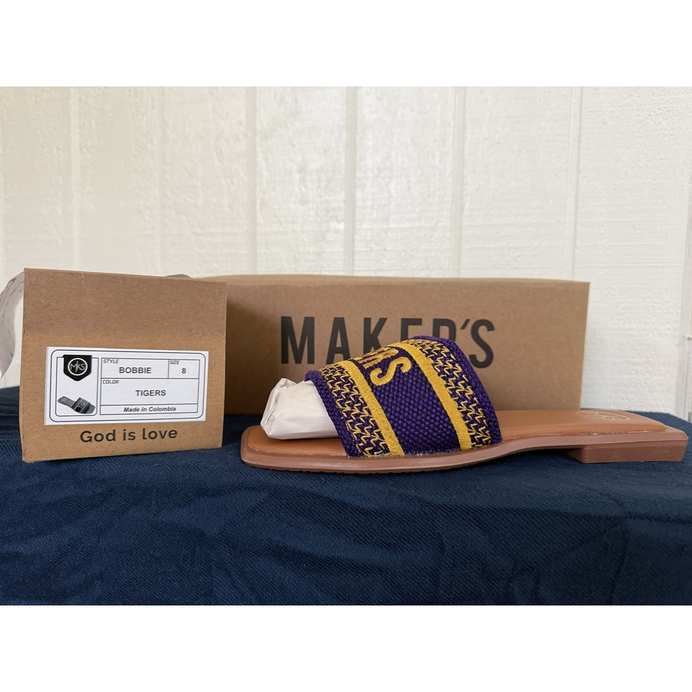 Makers Bobbie Tigers Purple Gold Embroidered Sandals Women Size 8 NIB